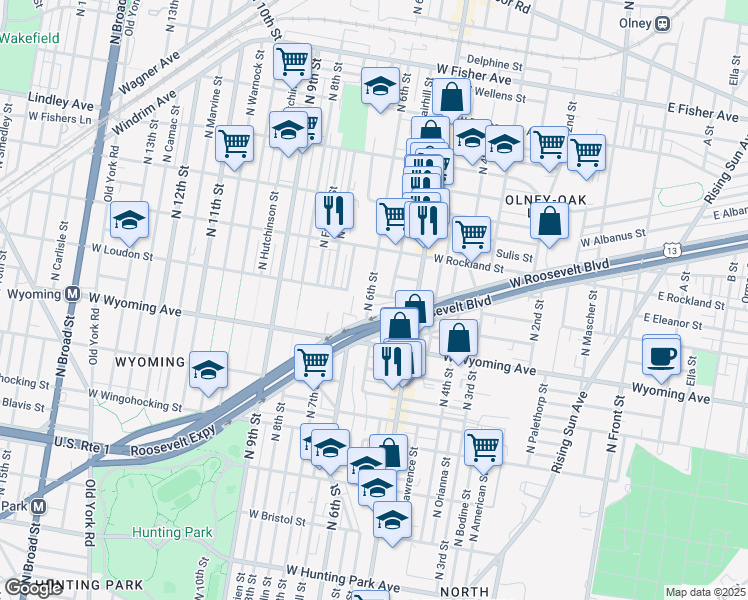 map of restaurants, bars, coffee shops, grocery stores, and more near 556 West Loudon Street in Philadelphia