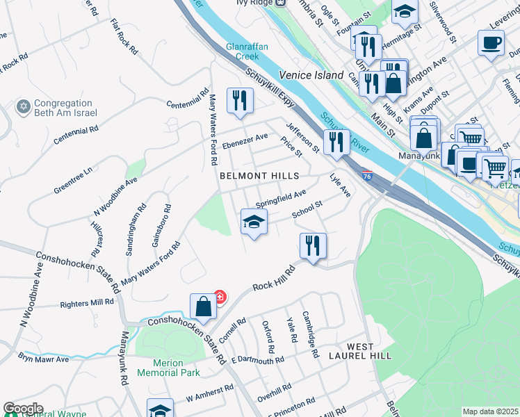 map of restaurants, bars, coffee shops, grocery stores, and more near 12 Elmwood Avenue in Bala Cynwyd