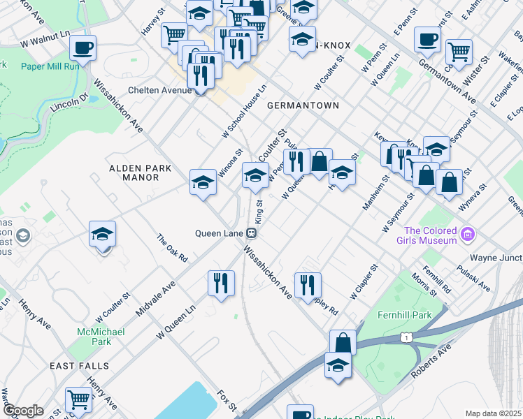 map of restaurants, bars, coffee shops, grocery stores, and more near 508 King Street in Philadelphia