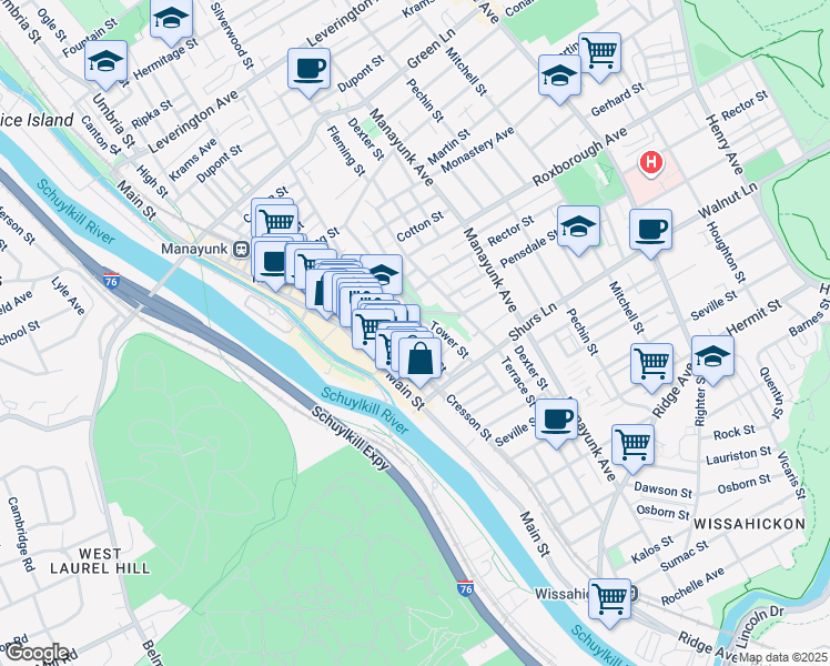 map of restaurants, bars, coffee shops, grocery stores, and more near 4161 Apple Street in Philadelphia