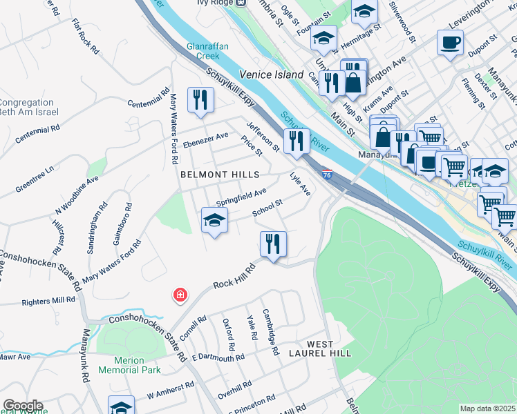 map of restaurants, bars, coffee shops, grocery stores, and more near 171 School Street in Bala Cynwyd