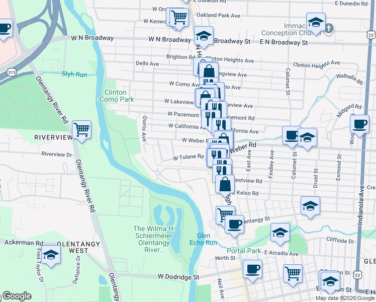 map of restaurants, bars, coffee shops, grocery stores, and more near 76 West Tulane Road in Columbus