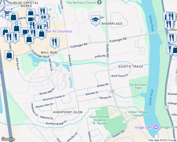map of restaurants, bars, coffee shops, grocery stores, and more near 3385 Sunnybrook Court in Columbus