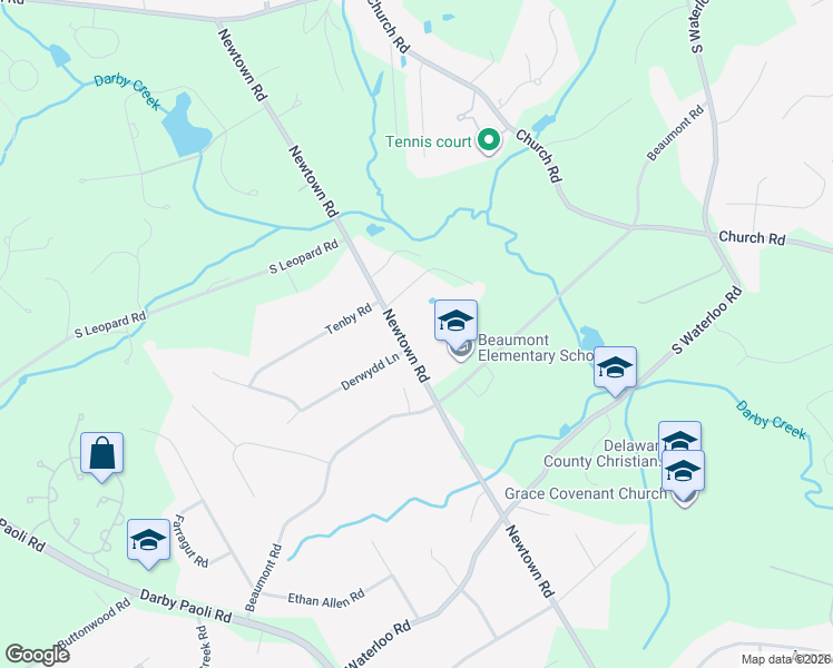 map of restaurants, bars, coffee shops, grocery stores, and more near 705 Newtown Road in Berwyn