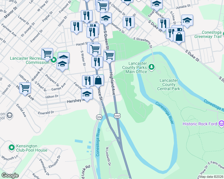 map of restaurants, bars, coffee shops, grocery stores, and more near 824 Highland Avenue in Lancaster