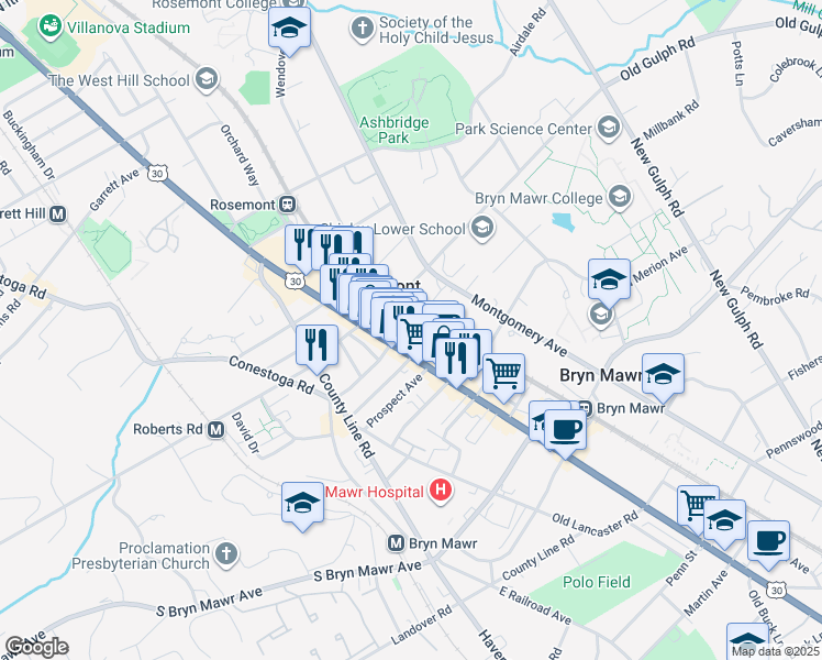 map of restaurants, bars, coffee shops, grocery stores, and more near 4 North Warner Avenue in Bryn Mawr