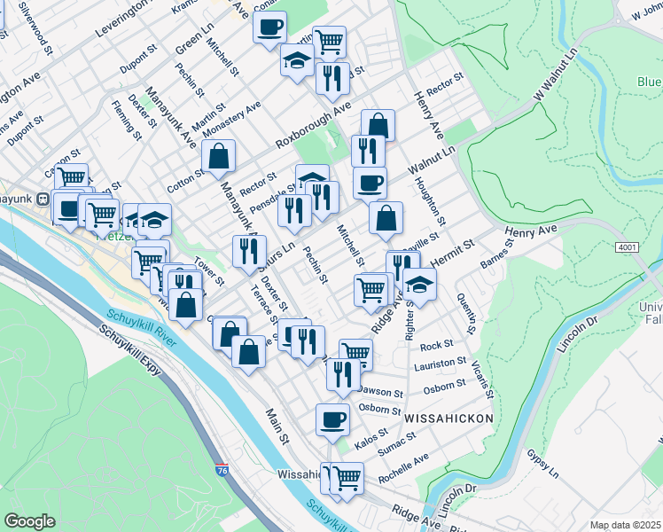 map of restaurants, bars, coffee shops, grocery stores, and more near 420 Markle Street in Philadelphia