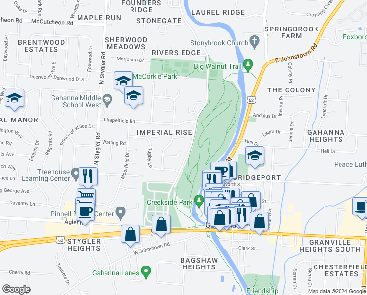map of restaurants, bars, coffee shops, grocery stores, and more near 153 Gothic Court in Columbus