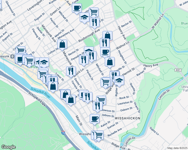 map of restaurants, bars, coffee shops, grocery stores, and more near 420 Markle Street in Philadelphia