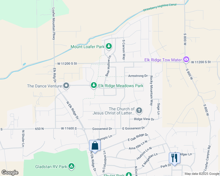 map of restaurants, bars, coffee shops, grocery stores, and more near Sky Hawk Way in Elk Ridge