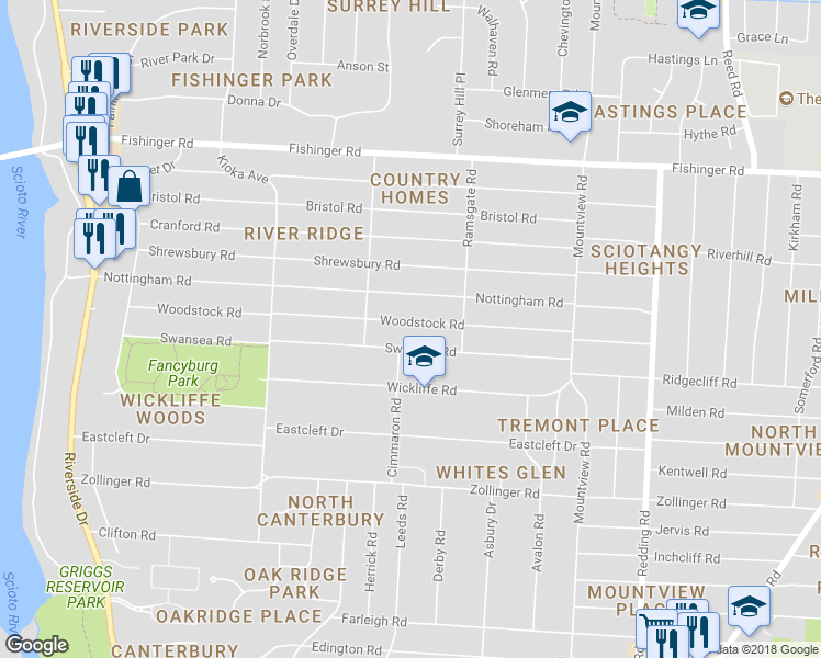map of restaurants, bars, coffee shops, grocery stores, and more near 2413 Woodstock Road in Columbus