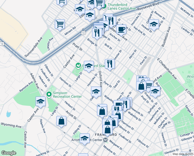 map of restaurants, bars, coffee shops, grocery stores, and more near 1206 Dyre St in Philadelphia