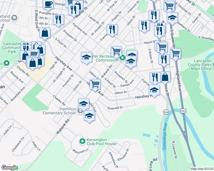 map of restaurants, bars, coffee shops, grocery stores, and more near 1019 Hager Street in Lancaster