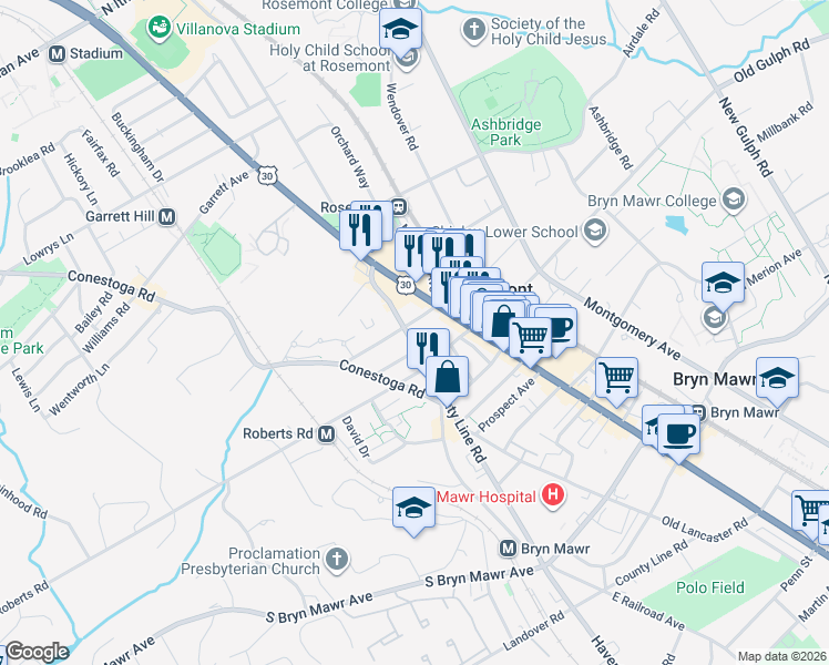 map of restaurants, bars, coffee shops, grocery stores, and more near 25 Montrose Avenue in Bryn Mawr