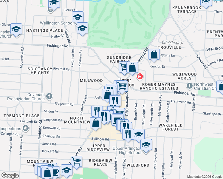 map of restaurants, bars, coffee shops, grocery stores, and more near 1731 Ardleigh Road in Columbus