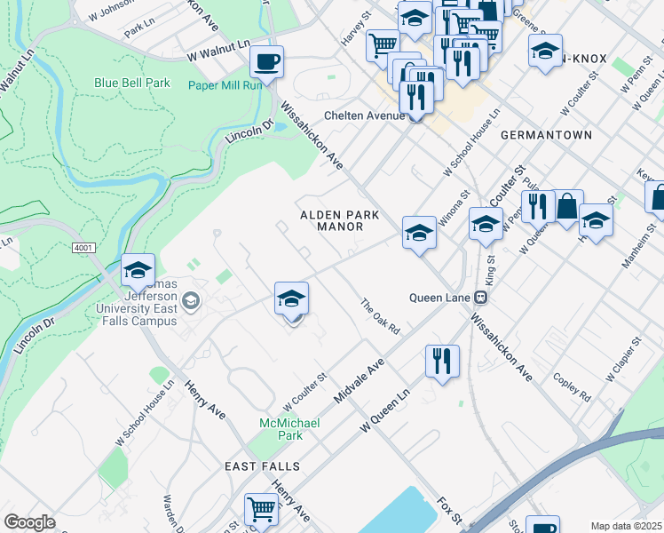 map of restaurants, bars, coffee shops, grocery stores, and more near 3000 West School House Lane in Philadelphia