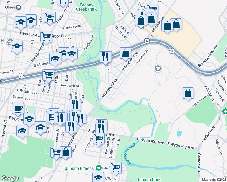 map of restaurants, bars, coffee shops, grocery stores, and more near 4977 Whitaker Avenue in Philadelphia