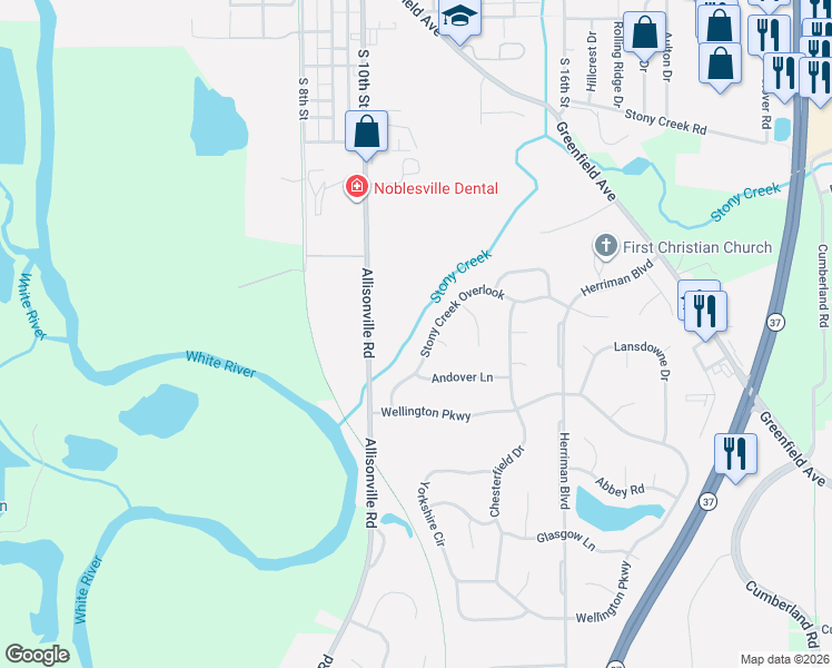 map of restaurants, bars, coffee shops, grocery stores, and more near 120 Stony Creek Overlook in Noblesville