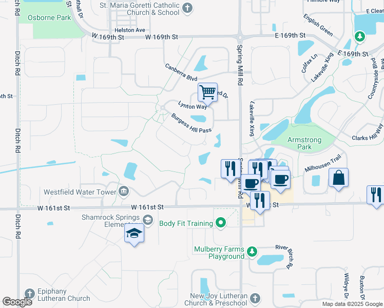map of restaurants, bars, coffee shops, grocery stores, and more near 16297 Esher Court in Westfield