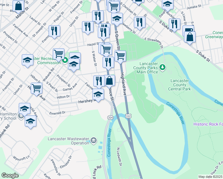 map of restaurants, bars, coffee shops, grocery stores, and more near 823 South Prince Street in Lancaster