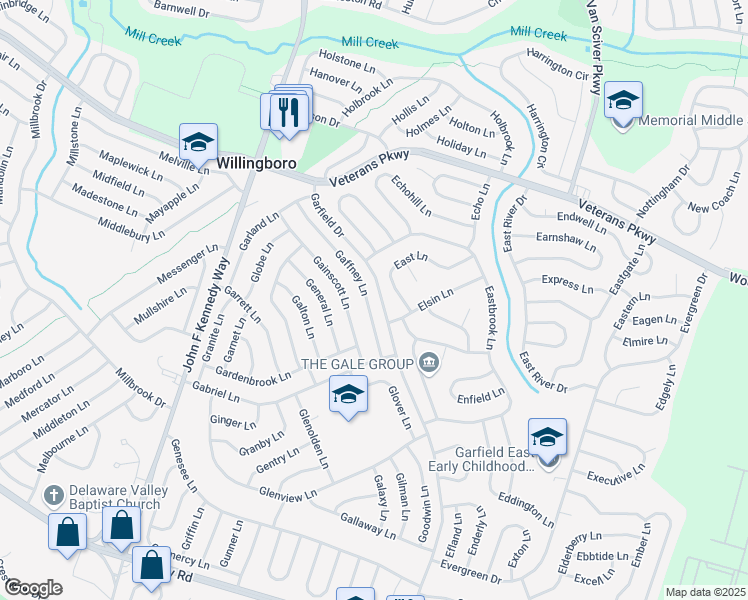 map of restaurants, bars, coffee shops, grocery stores, and more near 32 Gaffney Lane in Willingboro