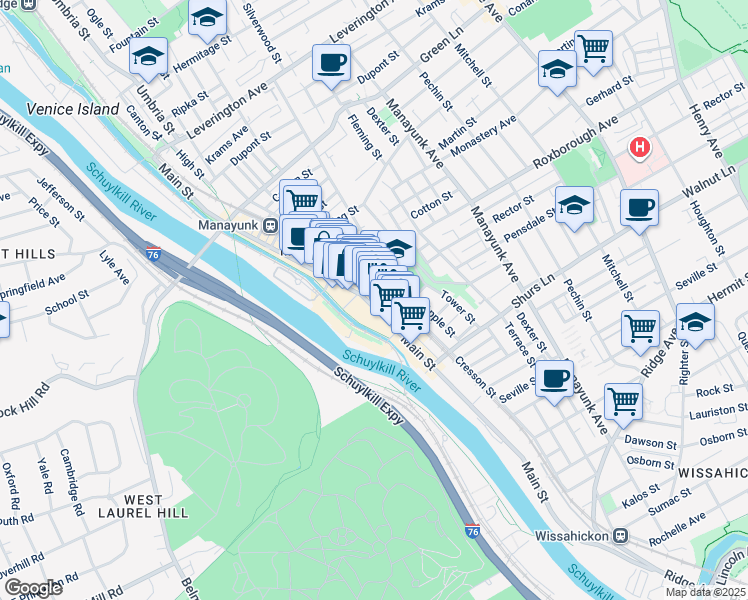 map of restaurants, bars, coffee shops, grocery stores, and more near 4233 Main Street in Philadelphia
