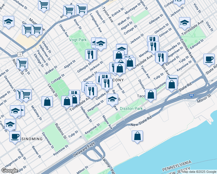 map of restaurants, bars, coffee shops, grocery stores, and more near 6717 Torresdale Avenue in Philadelphia