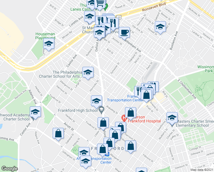 map of restaurants, bars, coffee shops, grocery stores, and more near 5117 Oxford Avenue in Philadelphia