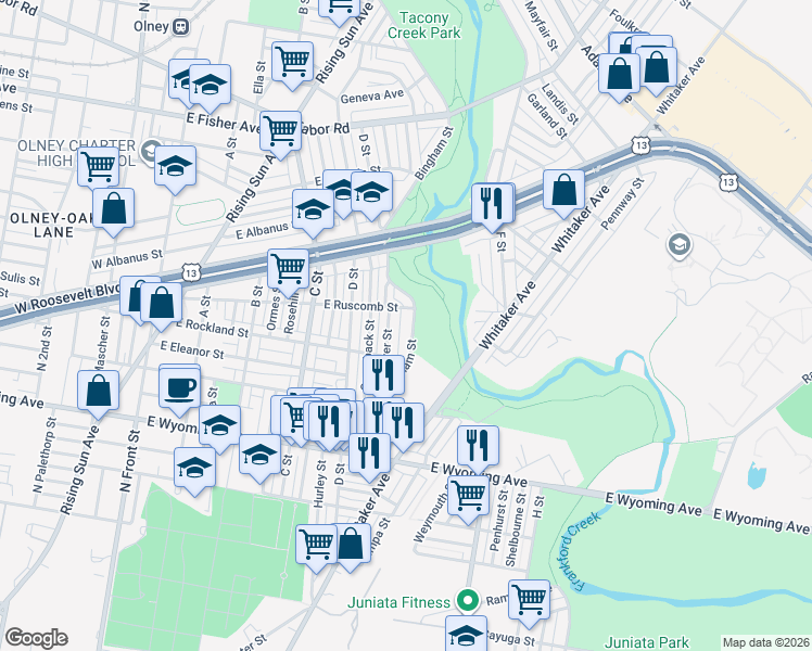 map of restaurants, bars, coffee shops, grocery stores, and more near 4947 Rorer Street in Philadelphia