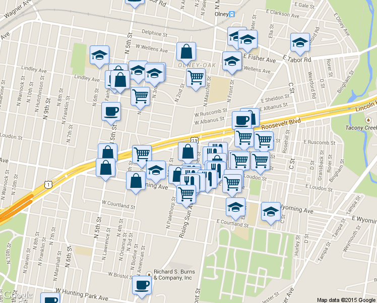 map of restaurants, bars, coffee shops, grocery stores, and more near 168-72 East Roosevelt Boulevard in Philadelphia