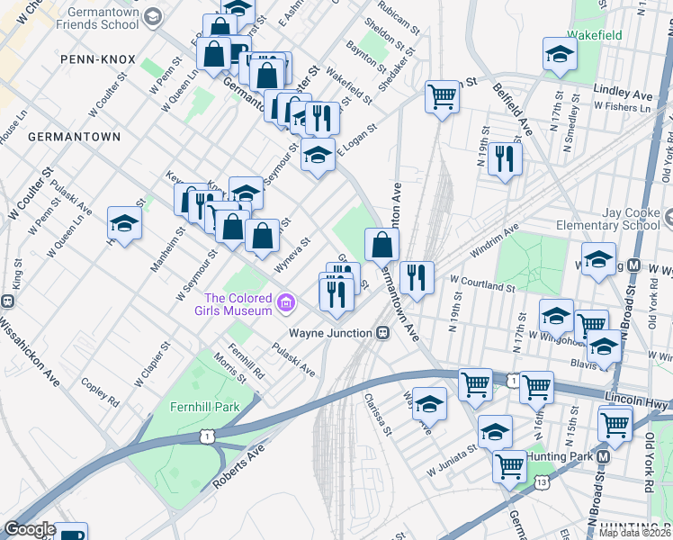 map of restaurants, bars, coffee shops, grocery stores, and more near 110 West Sylvania Street in Philadelphia