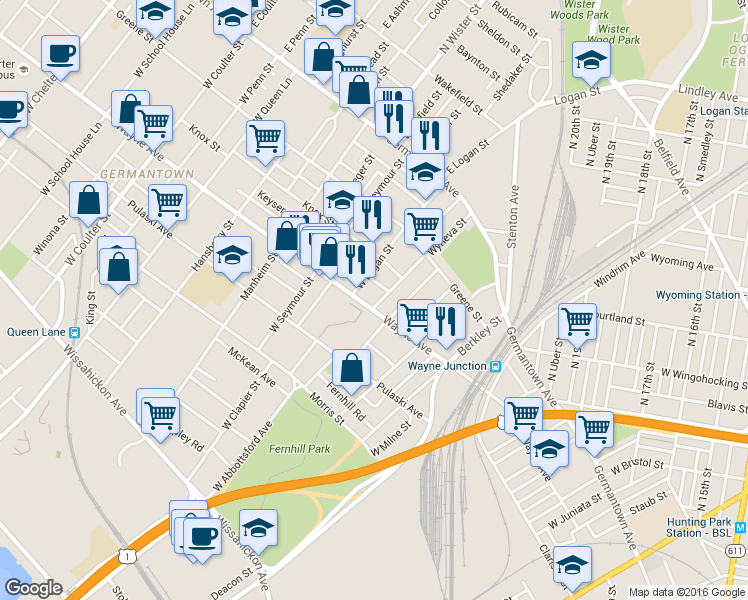 map of restaurants, bars, coffee shops, grocery stores, and more near 177 Wyneva Street in Philadelphia