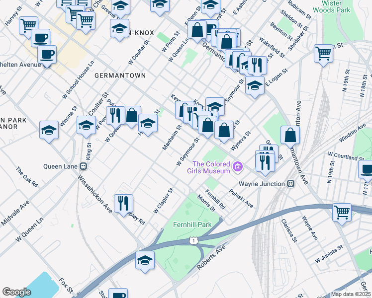 map of restaurants, bars, coffee shops, grocery stores, and more near 245 West Seymour Street in Philadelphia