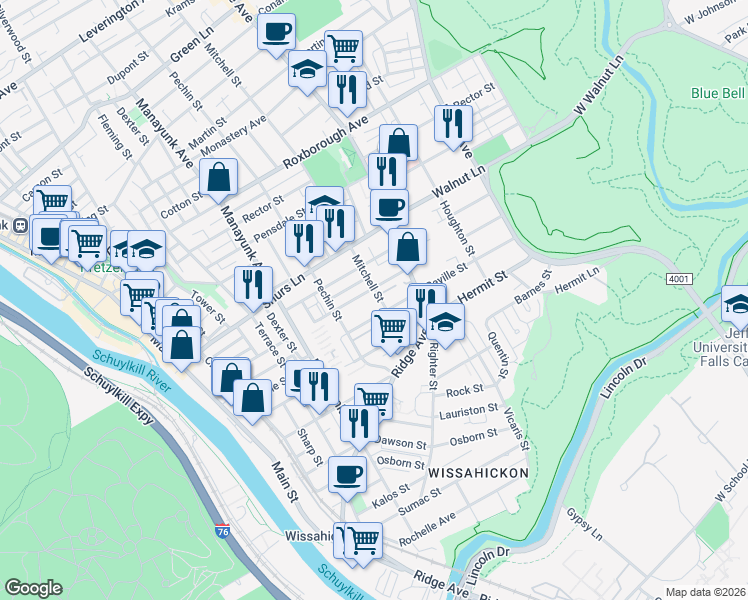 map of restaurants, bars, coffee shops, grocery stores, and more near 455 Markle Street in Philadelphia