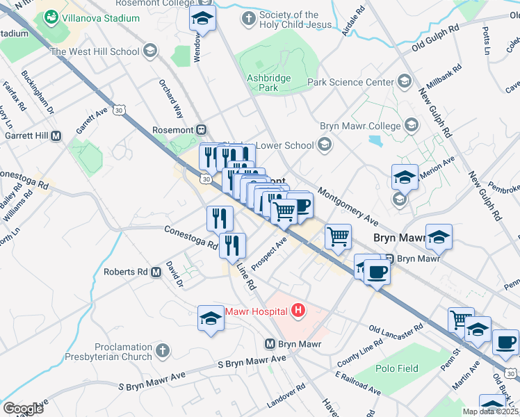 map of restaurants, bars, coffee shops, grocery stores, and more near in Bryn Mawr