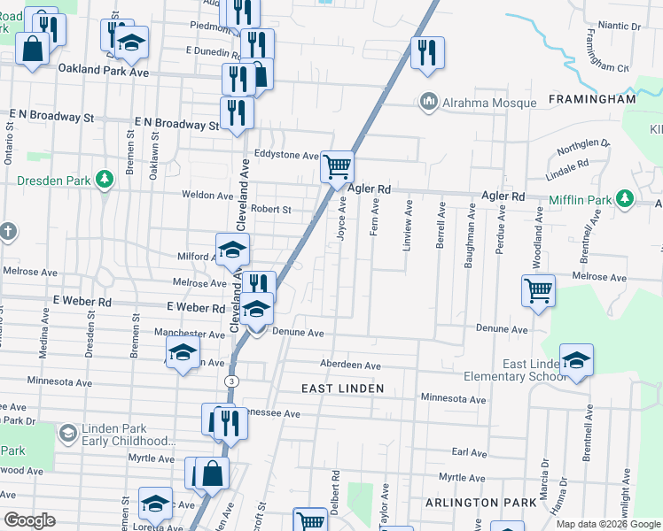 map of restaurants, bars, coffee shops, grocery stores, and more near 2765 Joyce Avenue in Columbus