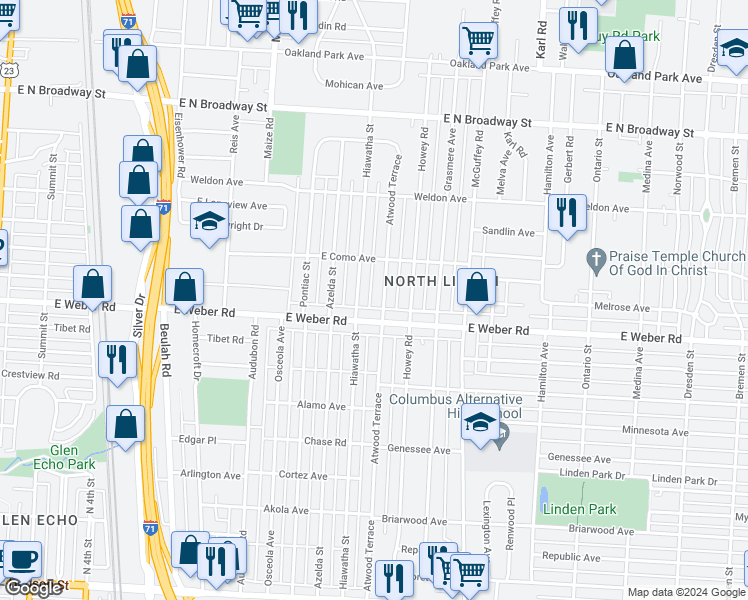 map of restaurants, bars, coffee shops, grocery stores, and more near 2894 Hiawatha Street in Columbus