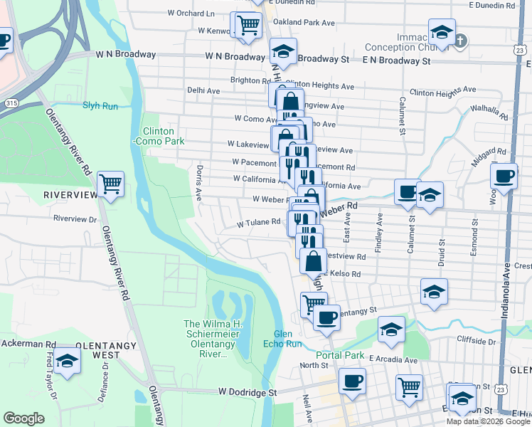 map of restaurants, bars, coffee shops, grocery stores, and more near 76 West Tulane Road in Columbus