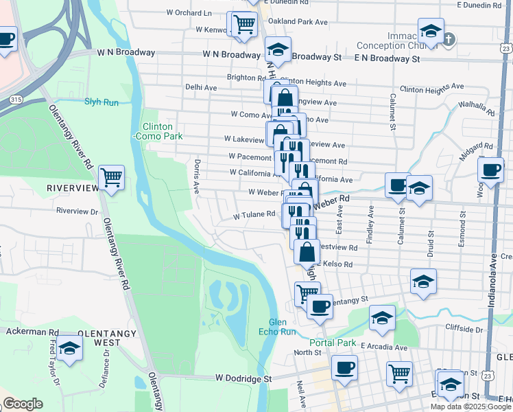 map of restaurants, bars, coffee shops, grocery stores, and more near 76 West Tulane Road in Columbus