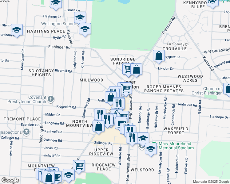 map of restaurants, bars, coffee shops, grocery stores, and more near 1735 Ardleigh Road in Upper Arlington