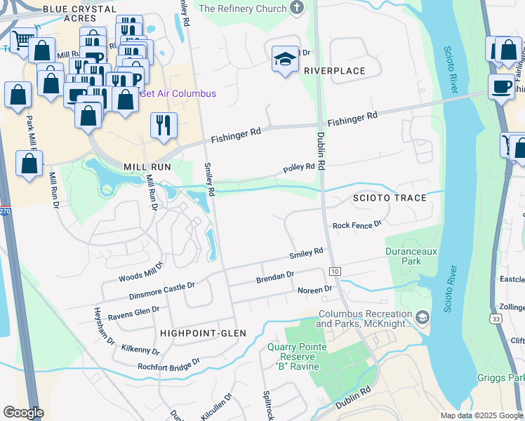 map of restaurants, bars, coffee shops, grocery stores, and more near 3385 Sunnybrook Court in Columbus