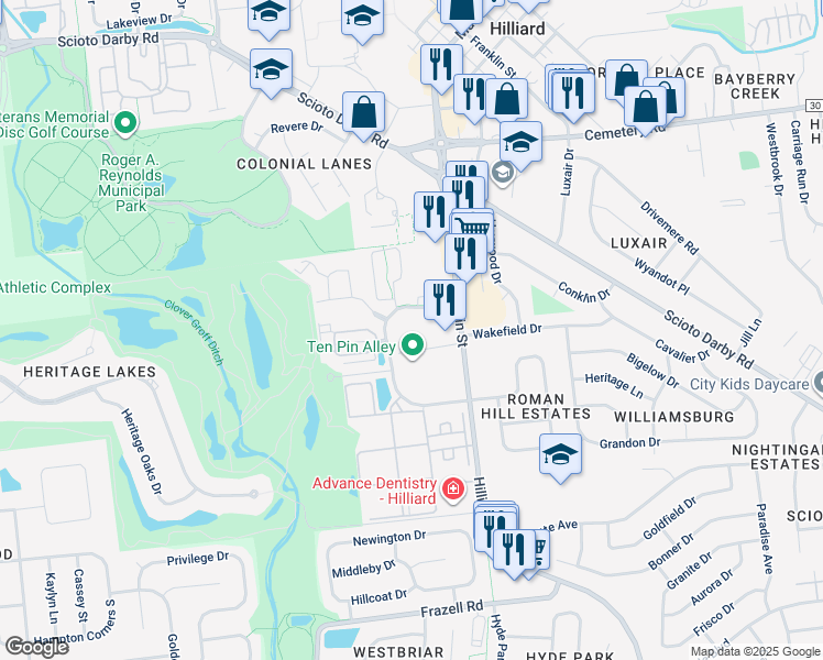 map of restaurants, bars, coffee shops, grocery stores, and more near 3570 Heritage Club Drive in Hilliard