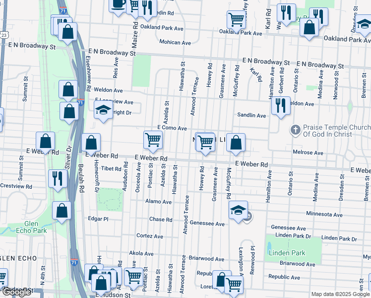 map of restaurants, bars, coffee shops, grocery stores, and more near 2894 Hiawatha Street in Columbus