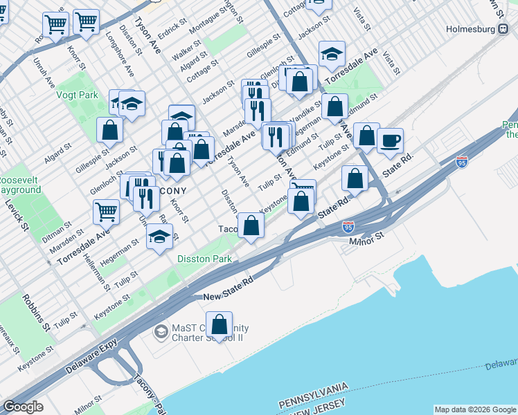 map of restaurants, bars, coffee shops, grocery stores, and more near 6960 Keystone Street in Philadelphia