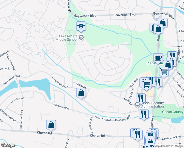 map of restaurants, bars, coffee shops, grocery stores, and more near 74 Meadowbrook Road in Brick Township
