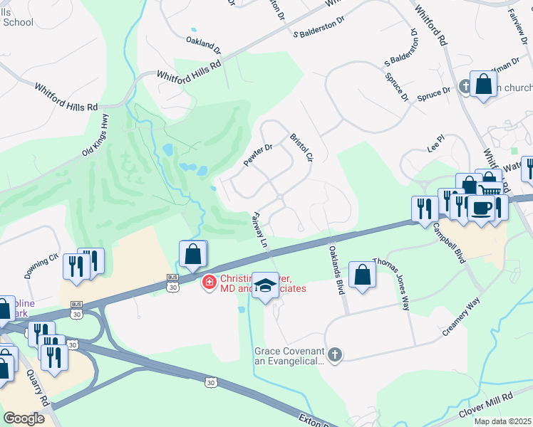 map of restaurants, bars, coffee shops, grocery stores, and more near 57 Buttonwood Drive in Exton