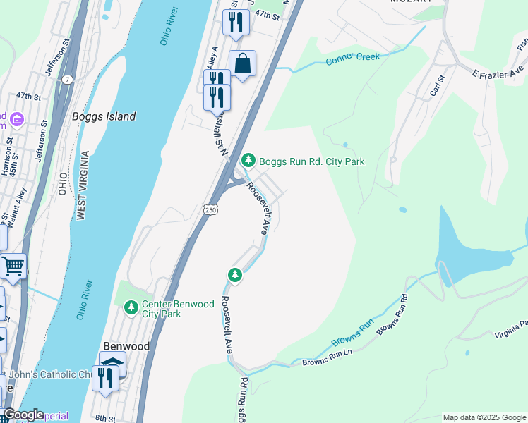 map of restaurants, bars, coffee shops, grocery stores, and more near 59 Roosevelt Avenue in Benwood