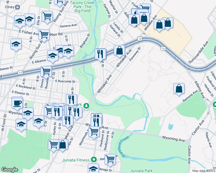map of restaurants, bars, coffee shops, grocery stores, and more near 4986 Pennway Street in Philadelphia