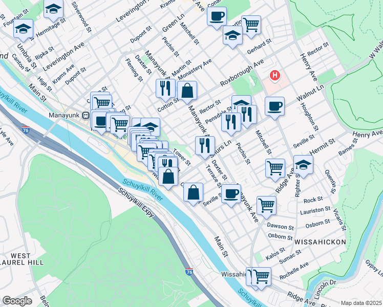 map of restaurants, bars, coffee shops, grocery stores, and more near 4122 Terrace Street in Philadelphia