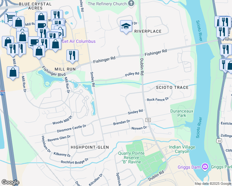 map of restaurants, bars, coffee shops, grocery stores, and more near 3385 Sunnybrook Court in Columbus